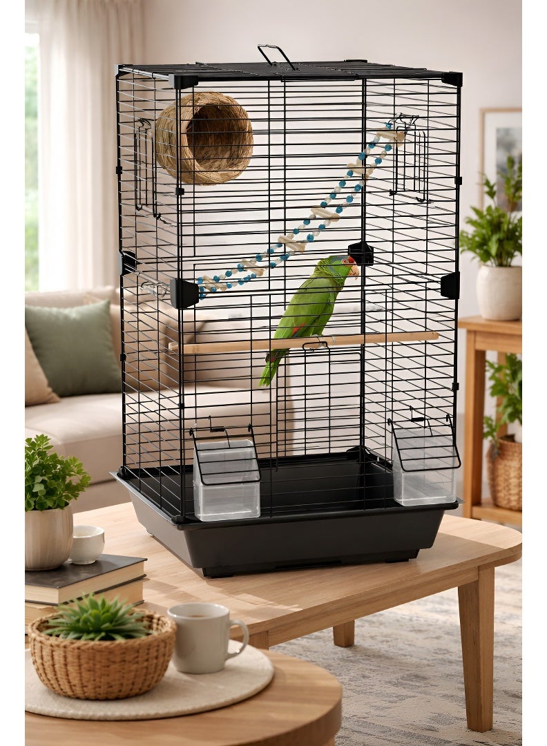Metal Bird Cage Complete Set with 6 Accessories, Small Birdcage for Parakeets Budgies Lovebirds Canaries and Finches, Portable Parrot Cage with Perches, Feeders, Ladder and Nest, Easy Clean, 37 × 28 × 63 cm, Black - Image 2